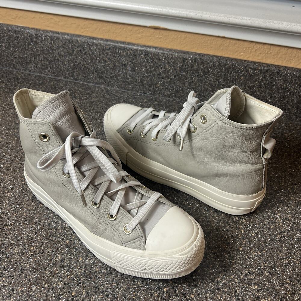 Converse All Star Platform Hi Top Womens Sz 8 Mocha Leather Sneaker Lace Up Shoe - Picture 4 of 9